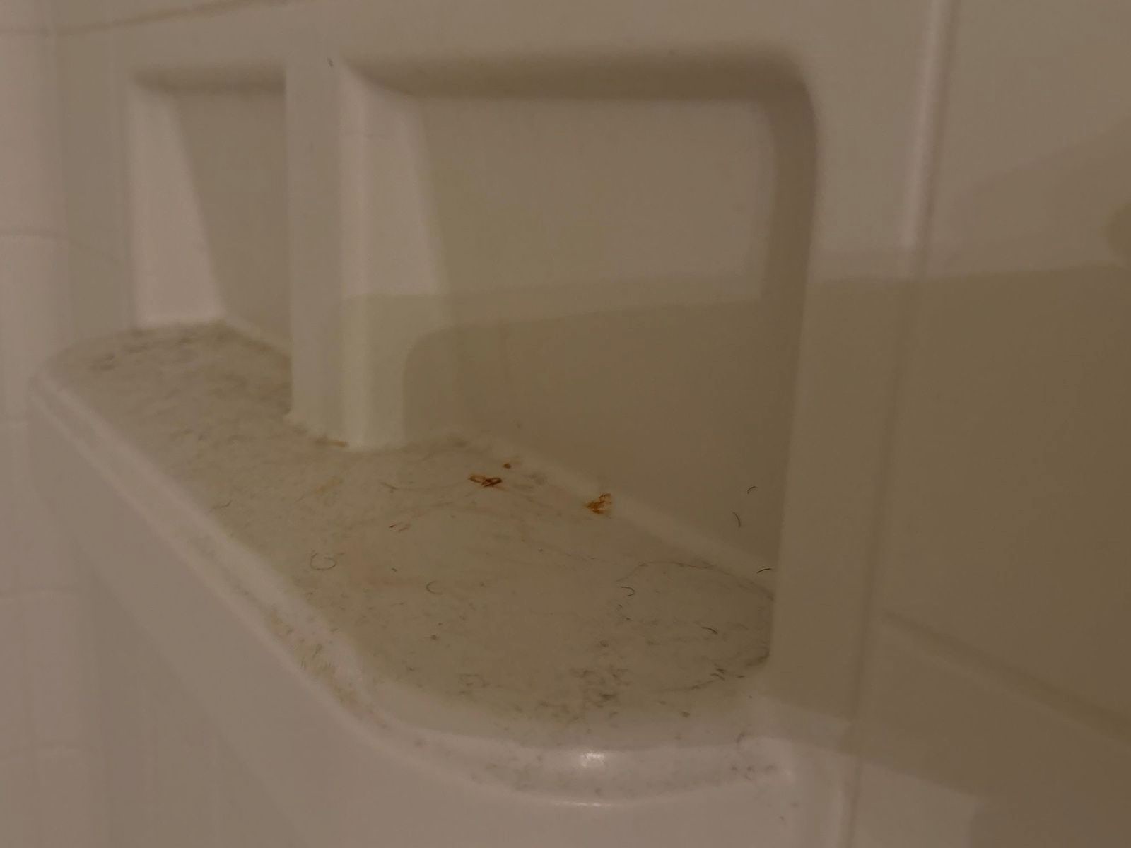 Shower shelf with hard-water buildup before a deep clean