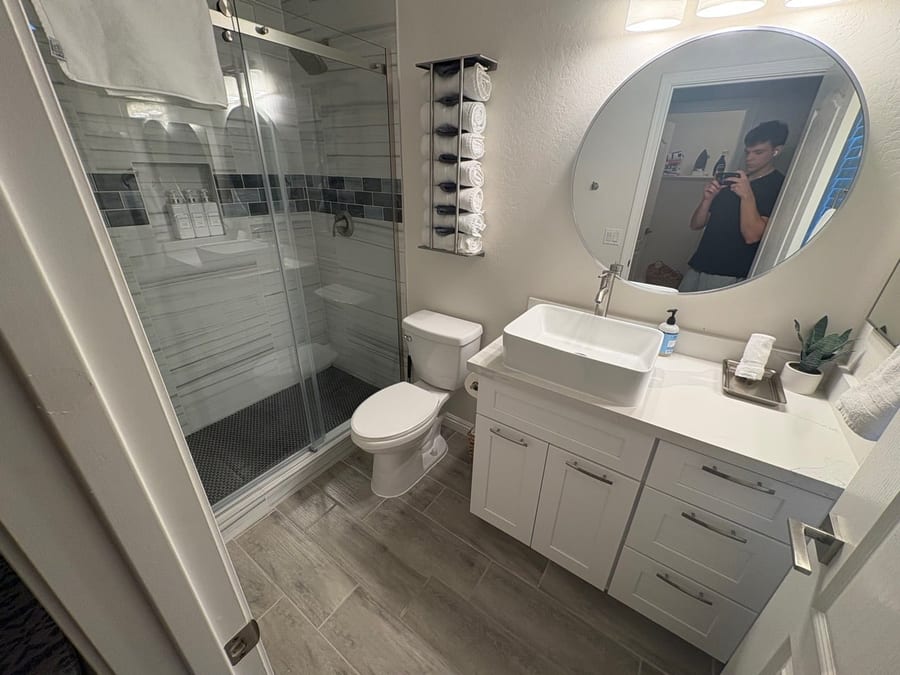 Bathroom cleaned and restocked between guest stays