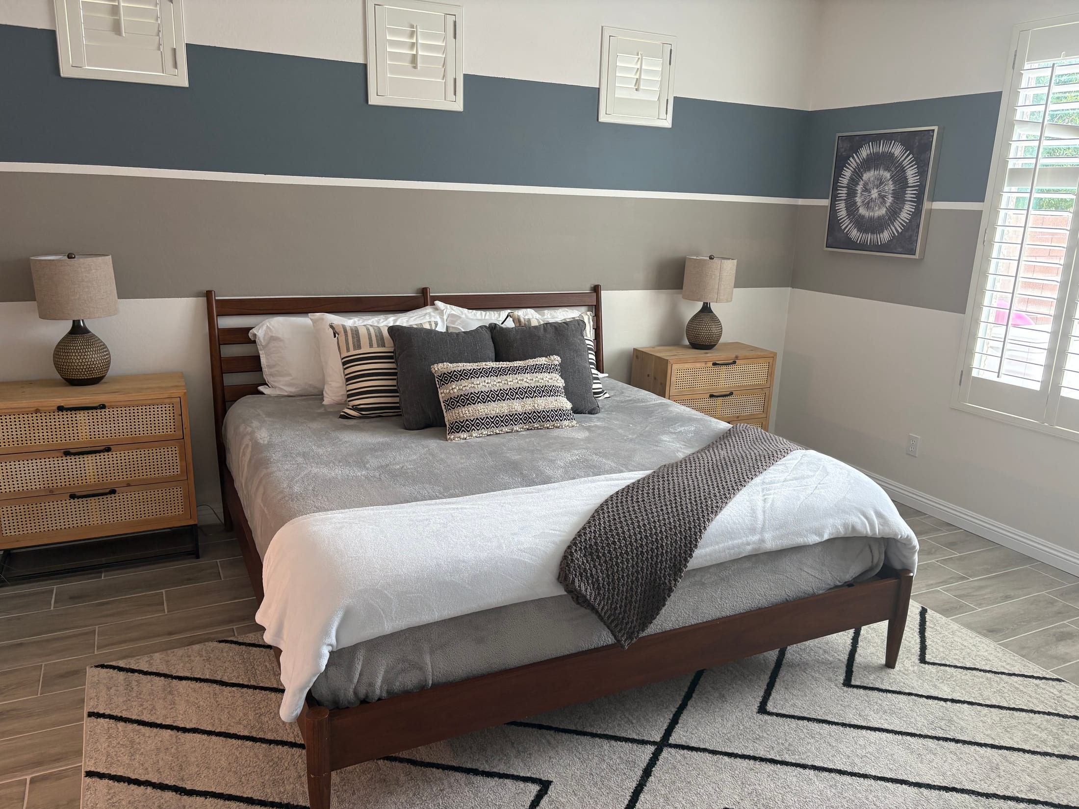 Primary bedroom made guest-ready after one of our turnover cleans