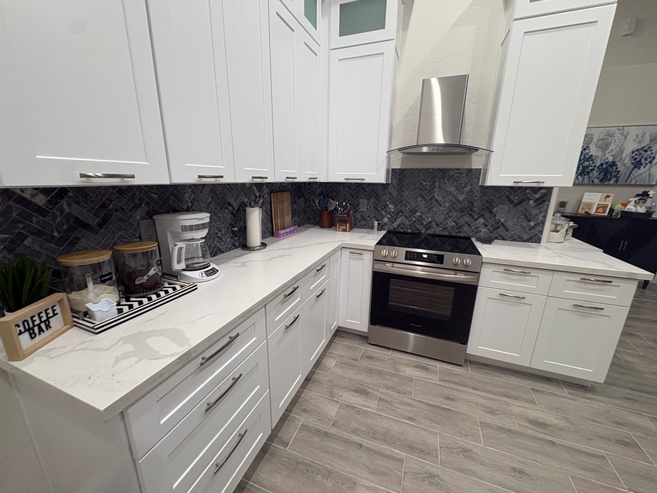 Bright, spotless kitchen reset for the next guest during a recurring turnover